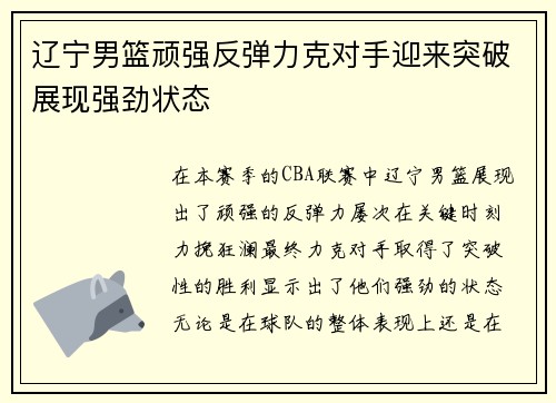 辽宁男篮顽强反弹力克对手迎来突破展现强劲状态