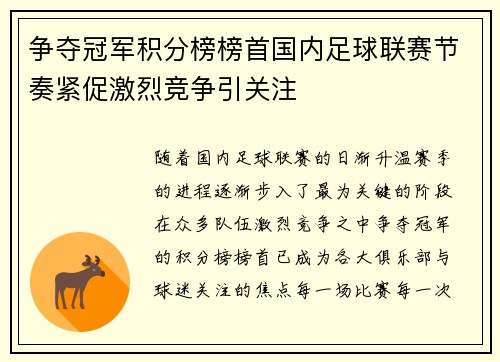 争夺冠军积分榜榜首国内足球联赛节奏紧促激烈竞争引关注
